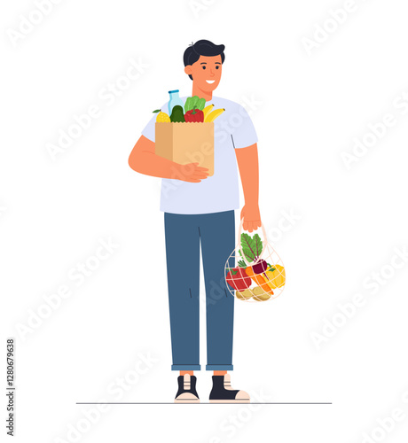 Young man holding a shopping bag and paper bag full of groceries. Eco-friendly concept. Healthy eating concept. Vector illustration