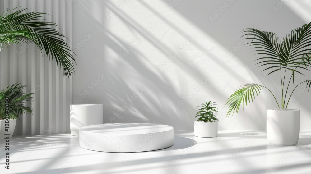 Fototapeta premium Minimal white room, cylinder podium, subtle palm leaf shadows, abstract product display setup