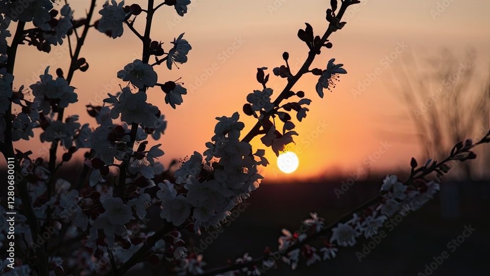 Blossom silhouette in foreground with white flowers against vibrant orange and yellow sunrise backdrop highlighting a tranquil morning scene Blossom silhouette in foreground with white flowers against vibrant orange and yellow sunrise backdrop highlighting a tranquil morning scene