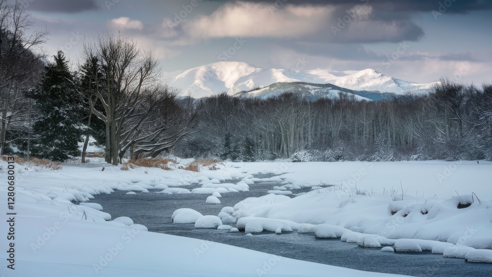 Serene winter landscape featuring snow-covered riverbanks and distant mountains under a moody sky with soft gray and white tones. Serene winter landscape featuring snow-covered riverbanks and distant mountains under a moody sky with soft gray and white tones.
