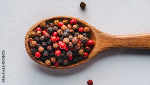 Wooden spoon filled with red and black peppercorns on a light background showcasing natural spice and culinary flavor in an elegant composition photo