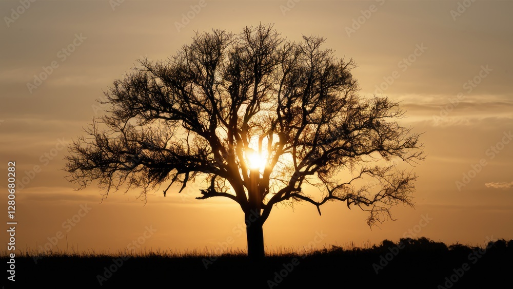 Silhouette of a large barren tree against a golden sunset sky with sun rays shining through in a tranquil outdoor setting. Silhouette of a large barren tree against a golden sunset sky with sun rays shining through in a tranquil outdoor setting.