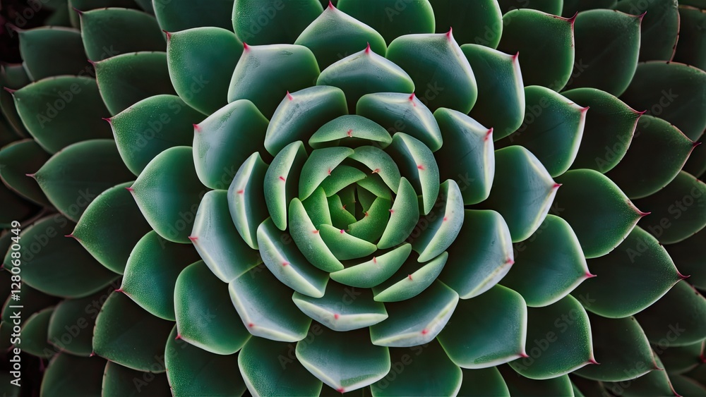 Fototapeta premium Lush green succulent viewed from above with intricate layered leaves radiating in a circular pattern ideal for wallpaper or background design.