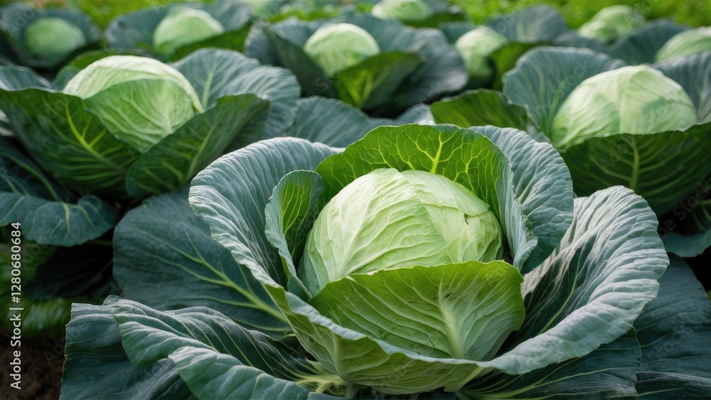 Fototapeta premium Vibrant green cabbages in lush rows featured prominently with deep green leaves in a scenic garden setting under bright daylight conditions.