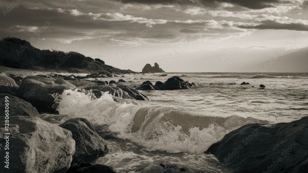 Obraz premium Monochrome coastal scene featuring dark rocks and white frothy waves in the foreground, with distant formations under a cloudy sky.