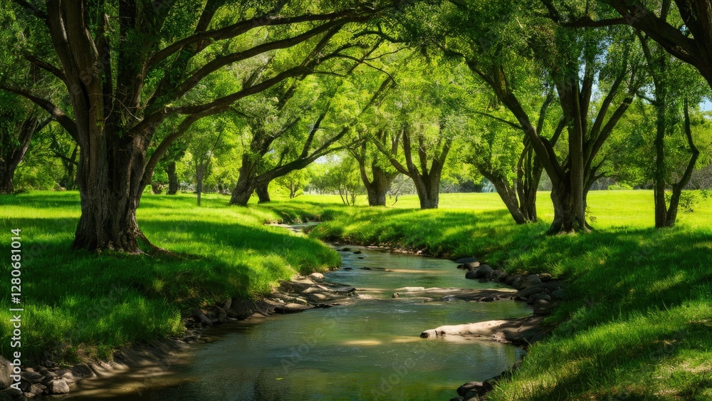 Obraz premium Serene stream flowing through lush green landscape with dappled sunlight filtering through tall trees creating natural shade and vibrant greenery.
