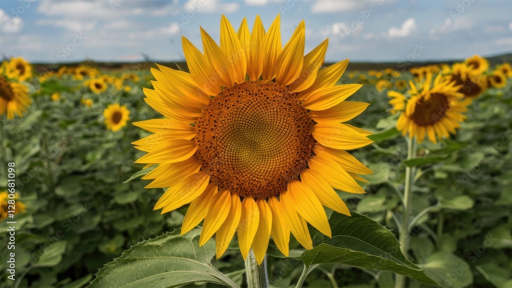Vibrant close-up of a single sunflower with bright yellow petals and a detailed seed head against a backdrop of a sunny field of sunflowers under blue skies. Vibrant close-up of a single sunflower with bright yellow petals and a detailed seed head against a backdrop of a sunny field of sunflowers under blue skies.