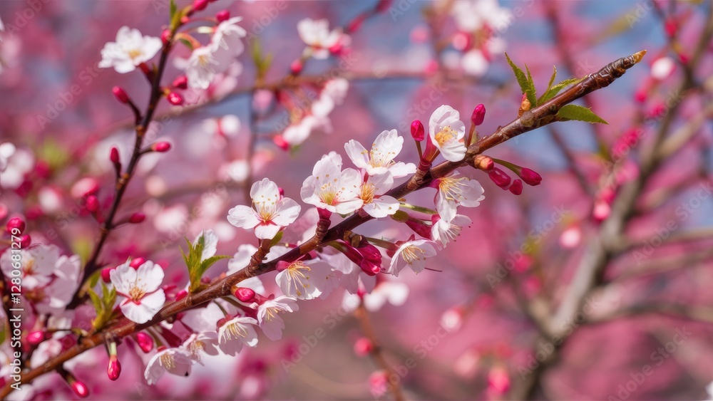 Cherry blossom twigs in vibrant pink against a soft blue sky, showcasing delicate white flowers and budding pink accents, creating a serene spring backdrop Cherry blossom twigs in vibrant pink against a soft blue sky, showcasing delicate white flowers and budding pink accents, creating a serene spring backdrop