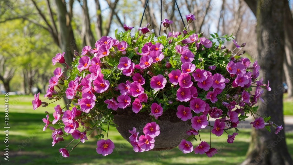 Vibrant hanging basket of pink flowers in bright spring sunlight with lush green trees in the background creating a serene outdoor atmosphere. Vibrant hanging basket of pink flowers in bright spring sunlight with lush green trees in the background creating a serene outdoor atmosphere.