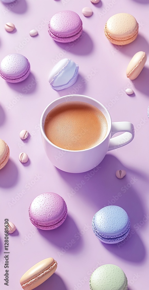 Obraz premium Pastel Colored Macarons and Coffee Cup on Lavender Surface with Soft Shadows and Minimalistic Style
