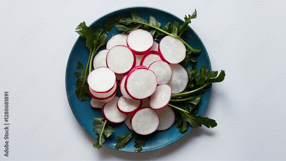 Sliced white radish curls arranged on a teal plate with fresh green leaves on a clean white background showcasing vibrant colors and textures Sliced white radish curls arranged on a teal plate with fresh green leaves on a clean white background showcasing vibrant colors and textures