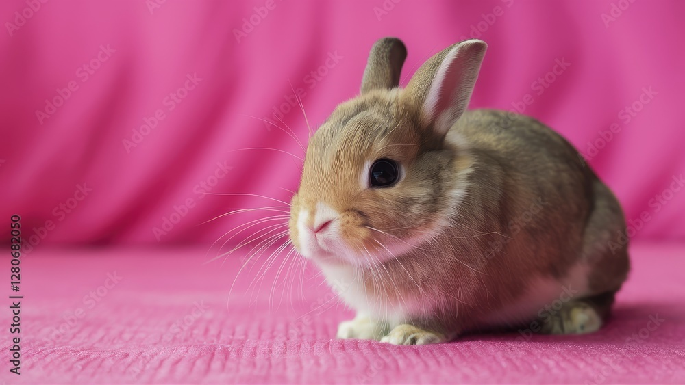 Small rabbit on soft pink background focused on its features ample negative space vertical layout for pet care advertisements Small rabbit on soft pink background focused on its features ample negative space vertical layout for pet care advertisements