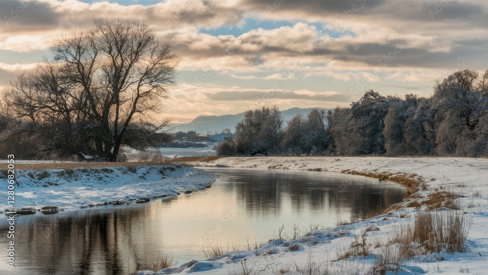 Winter river landscape featuring a winding, reflective waterway bordered by snow-covered banks and frosty trees under a cloudy sky. Winter river landscape featuring a winding, reflective waterway bordered by snow-covered banks and frosty trees under a cloudy sky.