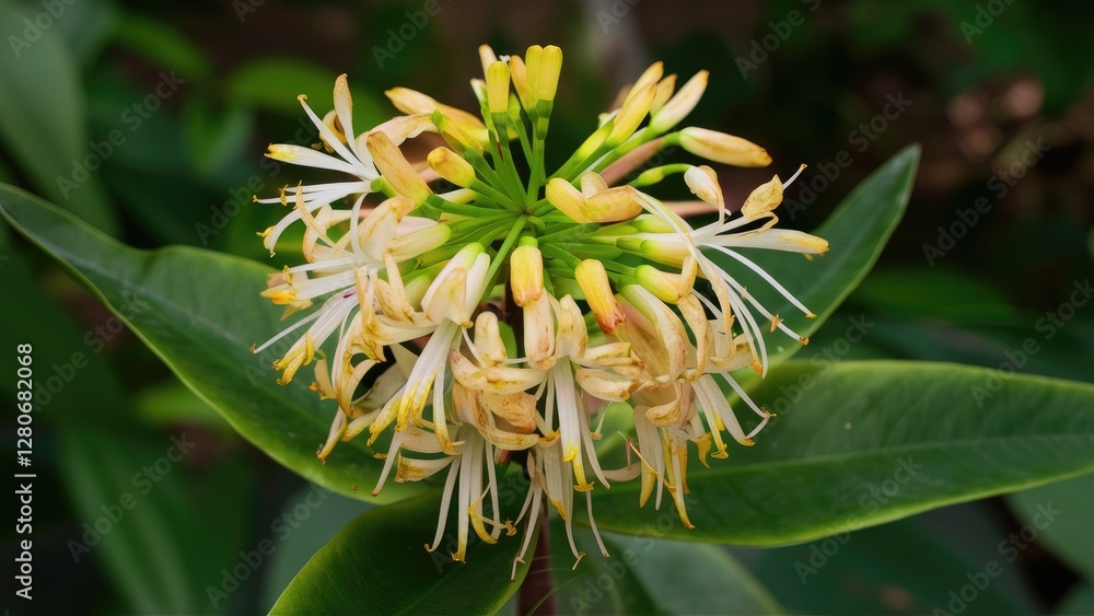 Delicate flowering plant with cream and yellow petals clustered at the center, surrounded by lush green leaves, captured in natural sunlight. Delicate flowering plant with cream and yellow petals clustered at the center, surrounded by lush green leaves, captured in natural sunlight.
