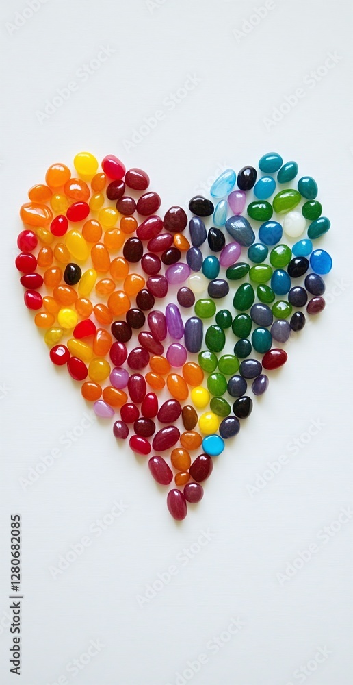 Heart Shape Made From Multicolored Jelly Beans On Plain White Background Symbolizing Love And Diversity