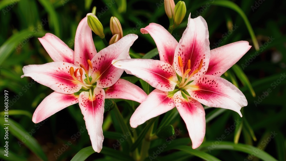 Fototapeta premium Pink and white lilies in full bloom with green leaves in background showcasing vibrant colors and intricate petal details.