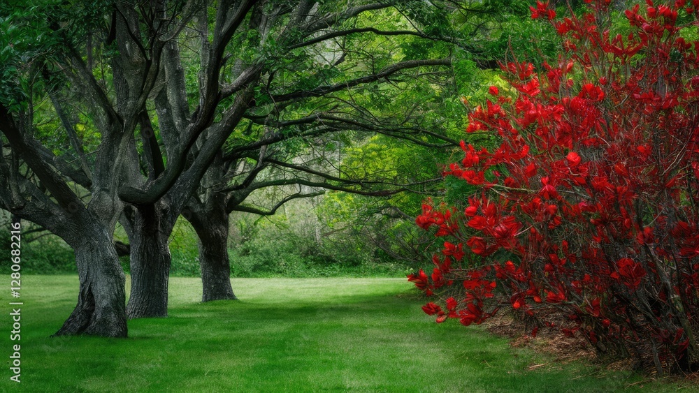 Naklejka premium Lush green landscape with dark branched trees on the left and vibrant red viburnum bushes on the right against a soft blurred background.
