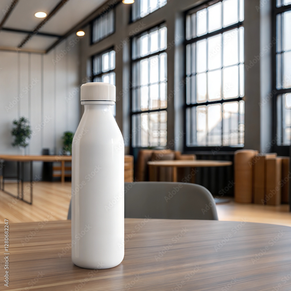 Reusable bottle mockup on wooden table in industrial-style café, Beverage Packaging Mockup Reusable bottle mockup on wooden table in industrial-style café, Beverage Packaging Mockup