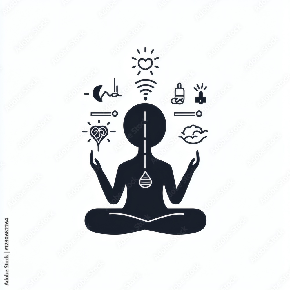 Meditation practice promoting mindfulness and wellness with symbolic elements of harmony and balance Meditation practice promoting mindfulness and wellness with symbolic elements of harmony and balance