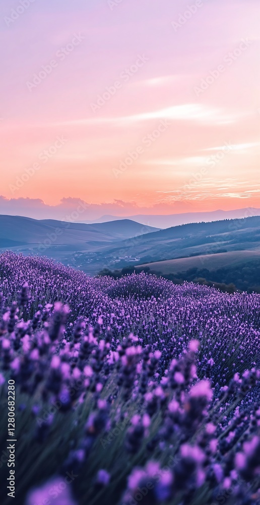 Obraz premium Vibrant Lavender Field at Sunset with Rolling Hills and Colorful Sky in Tranquil Nature Setting