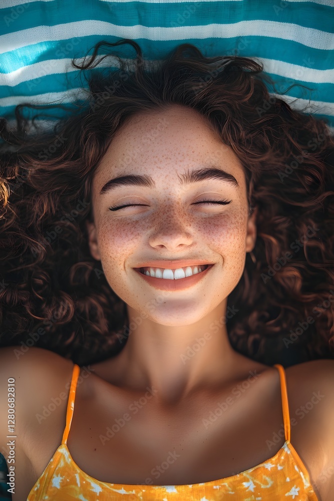 A fit, athletic woman with short, wavy brown hair, sleeping on her back under the sun in summer beachwear on an exotic, colorful towel. Her eyes and mouth are closed, and she is smiling slightly A fit, athletic woman with short, wavy brown hair, sleeping on her back under the sun in summer beachwear on an exotic, colorful towel. Her eyes and mouth are closed, and she is smiling slightly