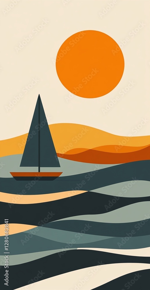 Fototapeta premium Minimalistic Sailboat On Abstract Ocean Waves With Bold Orange Sun And Rolling Hills