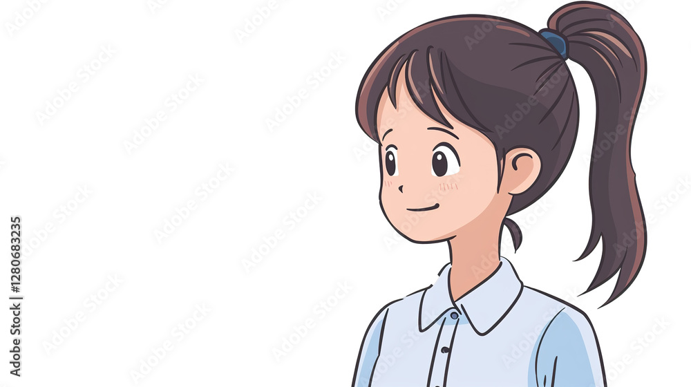 High Ponytail Hair and Light Blue Collared Shirt Portrait on Transparent Background, PNG High Ponytail Hair and Light Blue Collared Shirt Portrait on Transparent Background, PNG