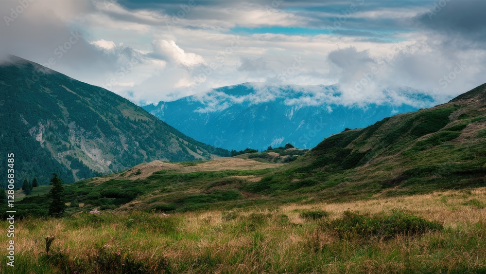 Lush green mountain vegetation under a cloudy sky with rolling hills and distant blue mountains in the background creating a serene landscape. Lush green mountain vegetation under a cloudy sky with rolling hills and distant blue mountains in the background creating a serene landscape.