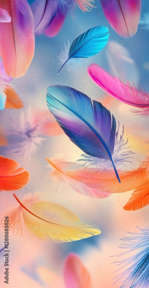 Vibrant Floating Feathers on Soft Gradient Pastel Background for Artistic and Decorative Designs Vibrant Floating Feathers on Soft Gradient Pastel Background for Artistic and Decorative Designs