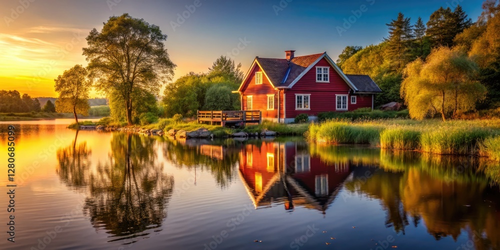 Fototapeta premium Serene sunset paints Red House Lake, its still waters reflecting the idyllic rural scene.