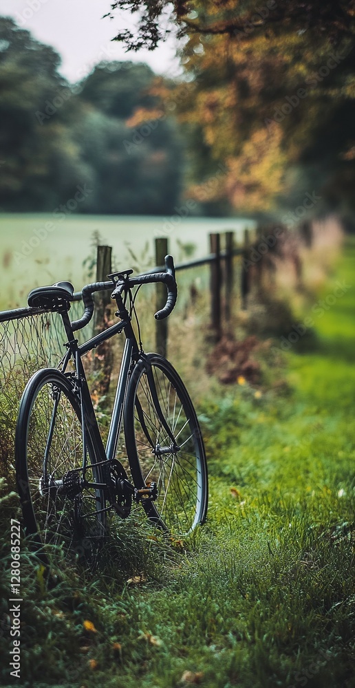 Fototapeta premium Black Road Bike Leaning Against Fence in Green Grassy Countryside with Trees and Soft Focus Background