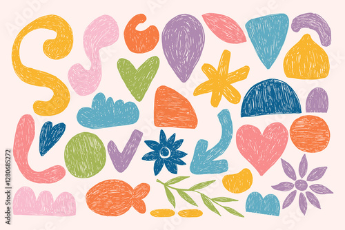 Crayon Abstract Shapes and Forms Set. Hand drawn wierd retro shapes with crayon, chalk or charcoal texture drawn manual on paper. Bold groovy bizarre shapes in trendy crayon drawing style.