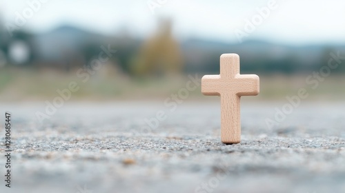 Wooden cross on road, blurred hills background, faith concept, religious imagery