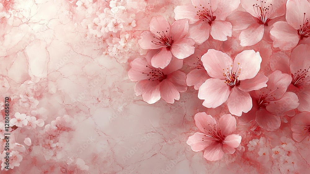 A serene arrangement of pink cherry blossoms on a soft, marbled background. A serene arrangement of pink cherry blossoms on a soft, marbled background.