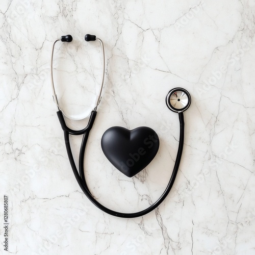 Stethoscope and heart shape on a marble surface reflect healthcare and compassion in a serene setting