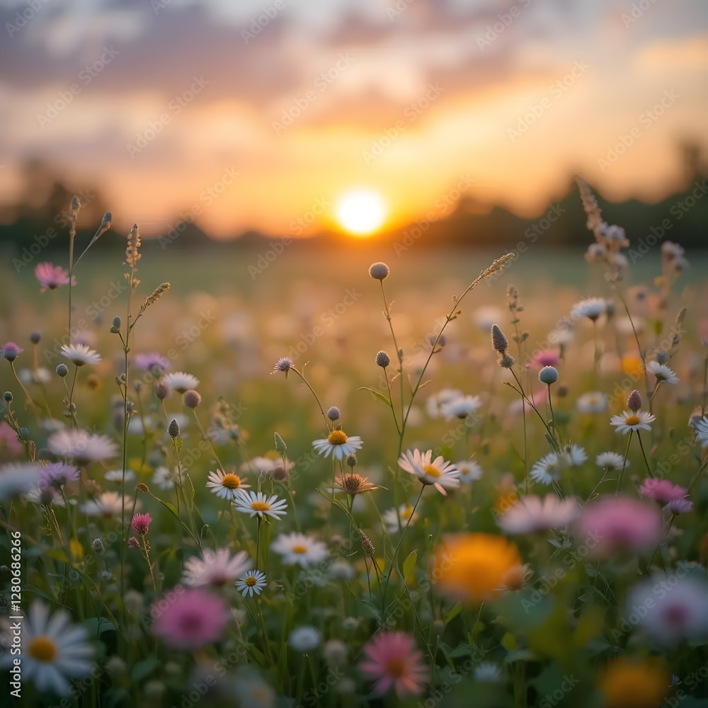 Fototapeta premium Sweet meadows at sunset blurry background