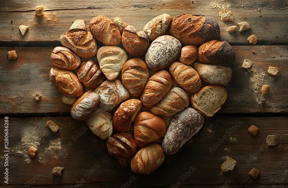 Fototapeta premium Rustic Heart Shape Made of Artisan Bread Loaves on Wooden Table with Crumbs and Flour Dusting