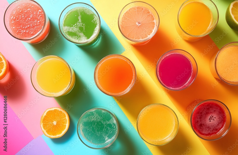 Assorted Fresh Fruit Juices in Glasses on Vibrant Multicolored Background Top View Assorted Fresh Fruit Juices in Glasses on Vibrant Multicolored Background Top View