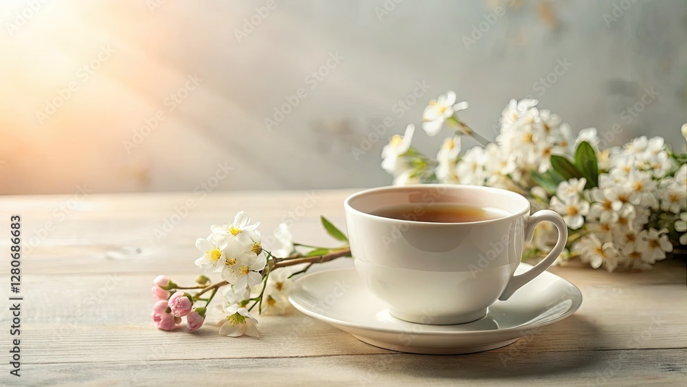 Fototapeta premium Serene teacup blooms: minimalist floral still life, elegant and peaceful home aesthetic.