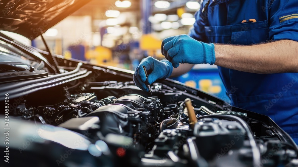 Mechanic in blue uniform adjusting engine components under the hood of a black car in a factory setting.. Mechanic in blue uniform adjusting engine components under the hood of a black car in a factory setting..