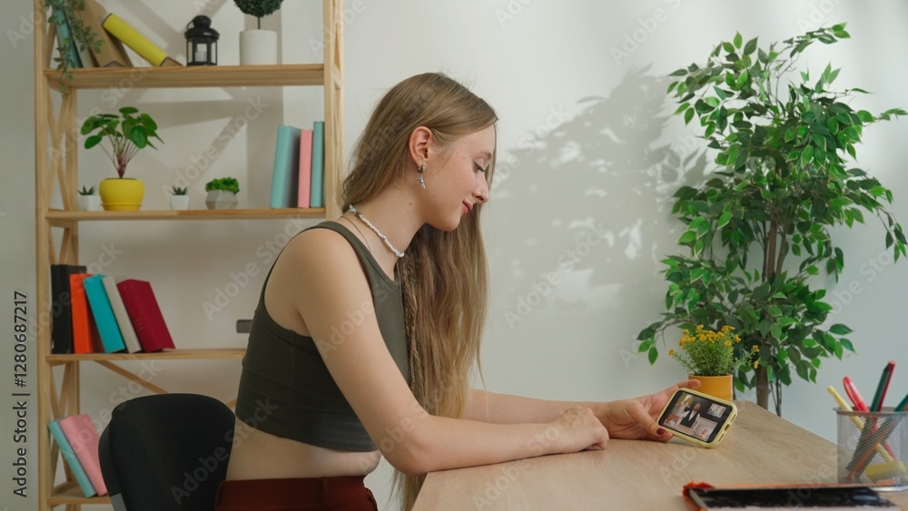 Woman college student studying at home, watching lesson online on smartphone sits at desk, teacher and classmates on screen, side shot. Modern online education. Woman college student studying at home, watching lesson online on smartphone sits at desk, teacher and classmates on screen, side shot. Modern online education.