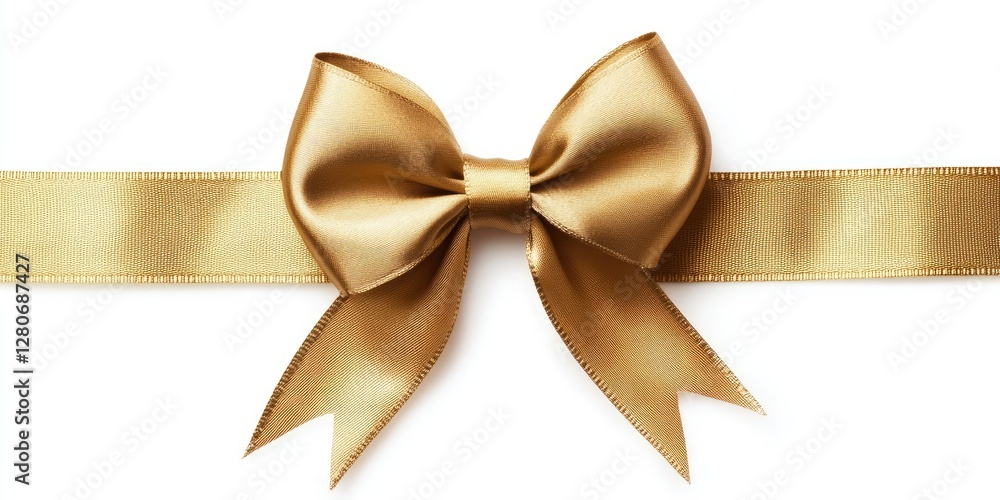 Golden bow with smooth satin finish positioned centrally on a white background, featuring elegant long tails and soft sheen. Golden bow with smooth satin finish positioned centrally on a white background, featuring elegant long tails and soft sheen.