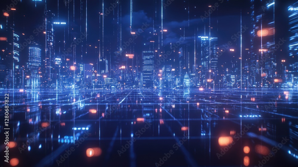 Obraz premium Futuristic Cityscape at Night, Digital Lines, Abstract, Urban, Night Vision, Technology, Background, Stock, Potential Use