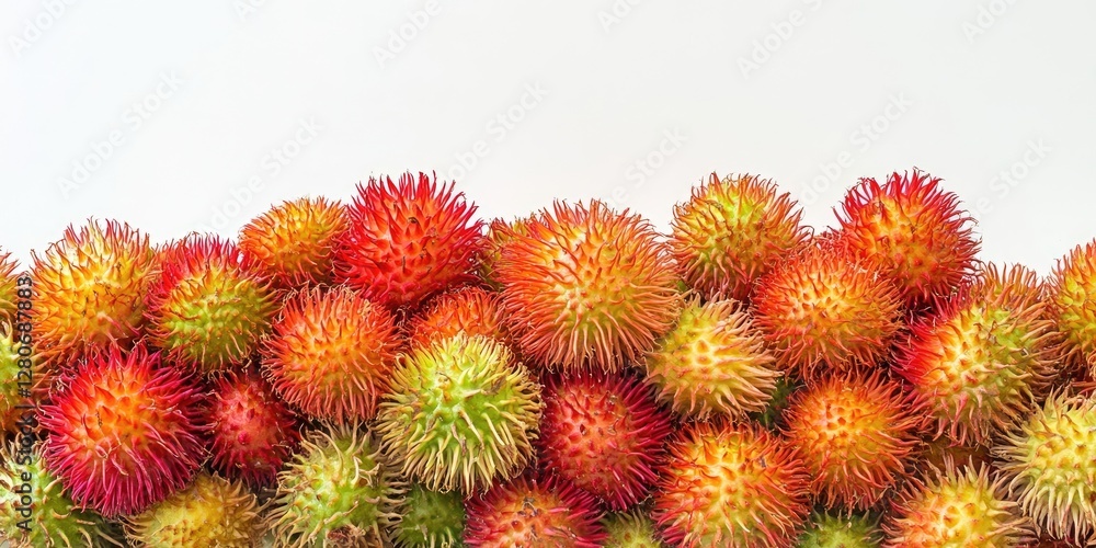 Vibrant cluster of rambutan fruits in shades of red and green displayed against a clean white background for a fresh food concept. Vibrant cluster of rambutan fruits in shades of red and green displayed against a clean white background for a fresh food concept.