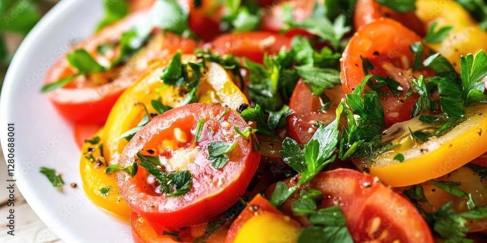 Vibrant tomato salad with red and yellow tomatoes garnished with fresh green herbs served on a white plate showcasing freshness and colorfulness. Vibrant tomato salad with red and yellow tomatoes garnished with fresh green herbs served on a white plate showcasing freshness and colorfulness.