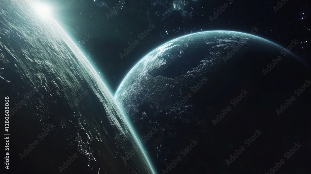 Obraz premium Two planets in space, vibrant light, cosmic view, stunning celestial scenery, for use in science fiction films or digital art projects