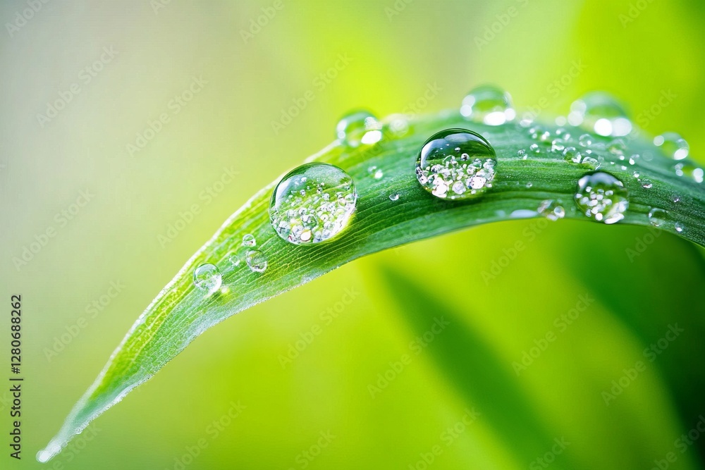 Close-Up of Water Droplets on Green Leaf Surface in Soft Focus Close-Up of Water Droplets on Green Leaf Surface in Soft Focus