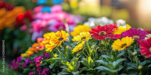 Wallpaper Mural Vibrant garden scene featuring a variety of colorful flowers including yellow, pink, and red daisies, with soft background blur of mixed blooms. Torontodigital.ca
