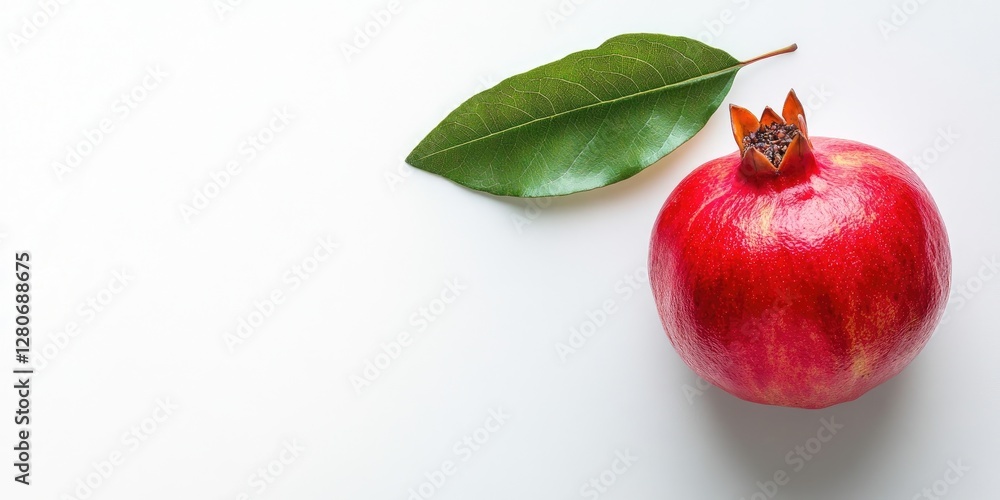 Ripe red pomegranate and glossy green leaf arranged on a clean white background capturing ample negative space for text and design use. Ripe red pomegranate and glossy green leaf arranged on a clean white background capturing ample negative space for text and design use.