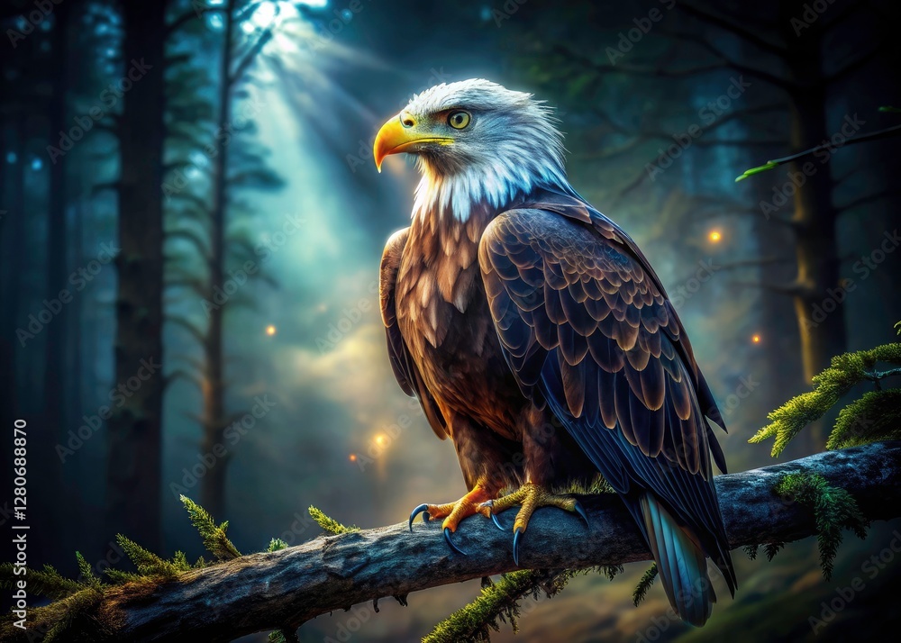Fototapeta premium Night vision captures a predatory eagle's silhouette, talons sharp against the shadowy, mysterious depths of the forest.